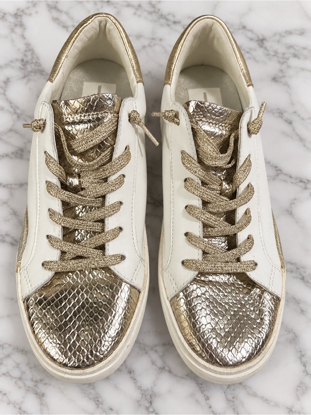 Women’s White and Metallic Gold Low-Top Sneakers
